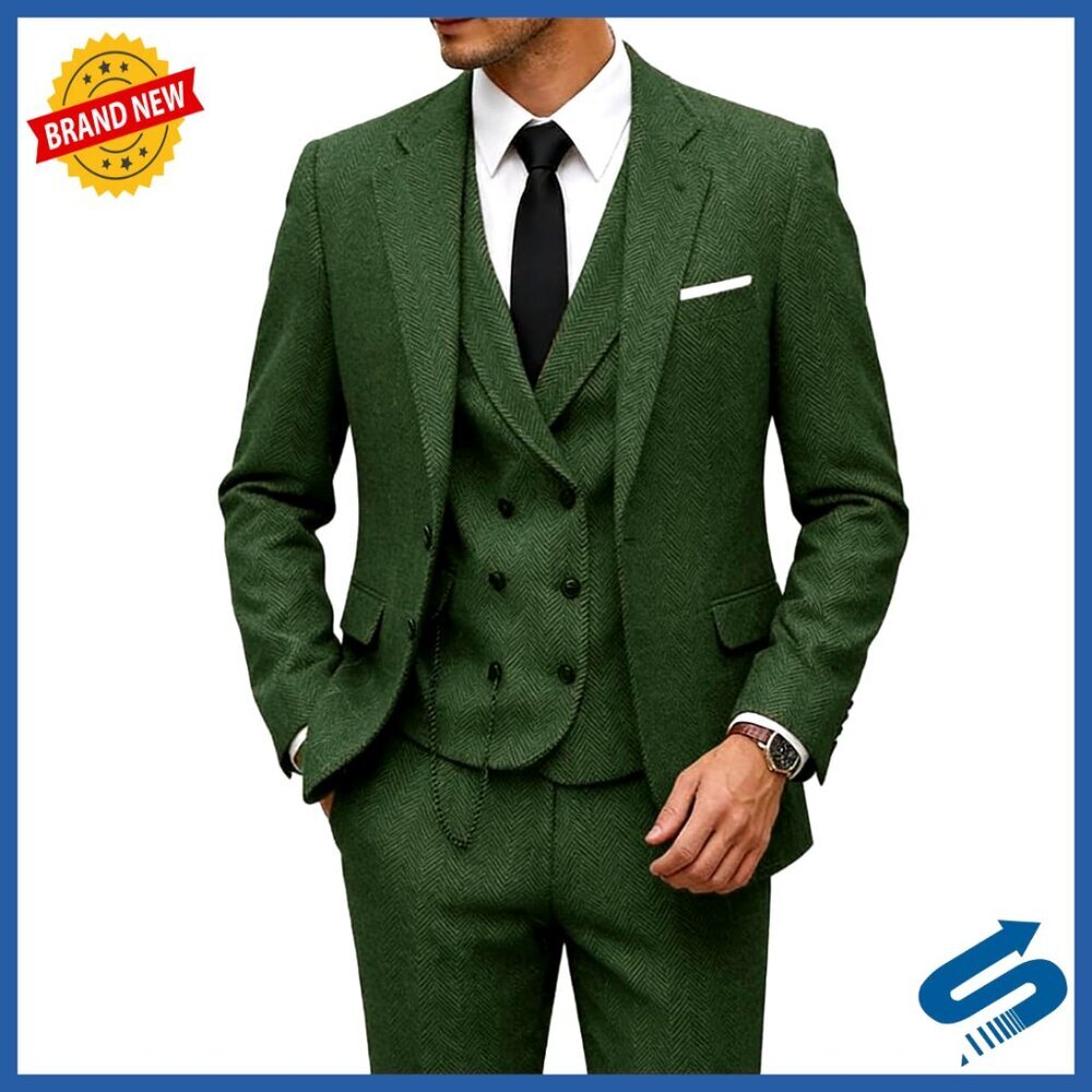 Men's 3-Piece Slim Fit Tweed Suit Set Blazer Vest Pants Formal Wear